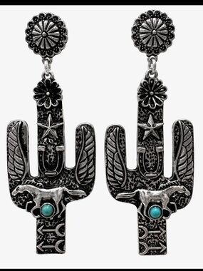 Turquoise Accent Silver-tone Cactus Dangle Earrings